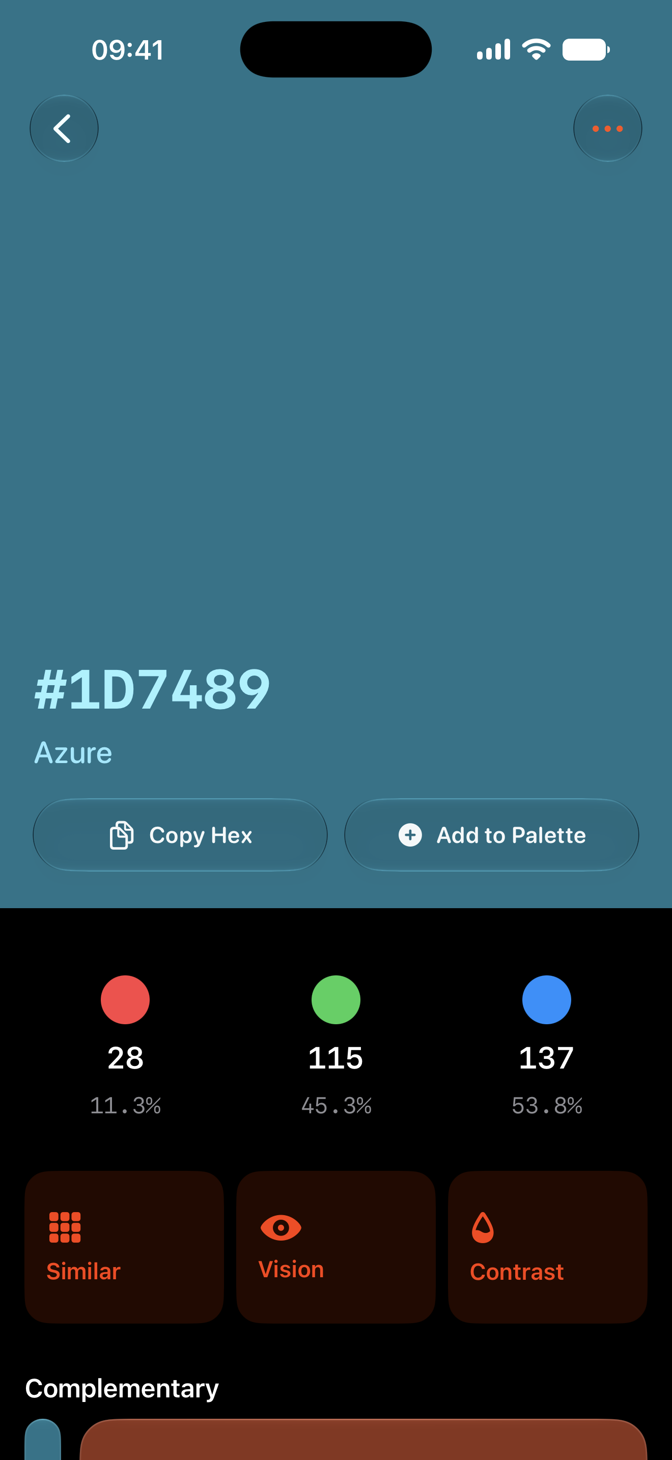 Colordrop showing the Azure color detail, palette actions, RGB distribution, and accessibility tools